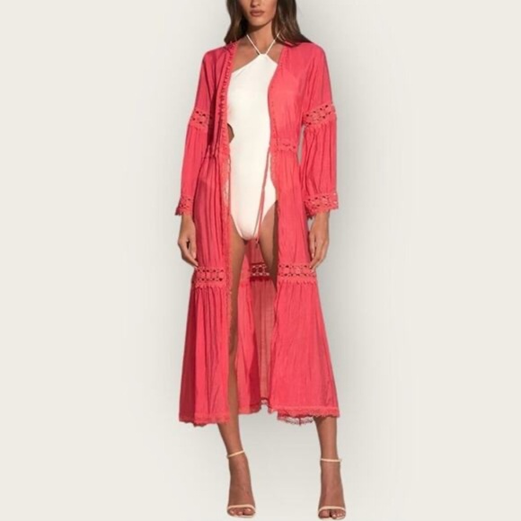 Elan Other - NWT Elan Pink Boho Kimono Kaftan Robe Bell Sleeves Tie Waist Size M Resortcore